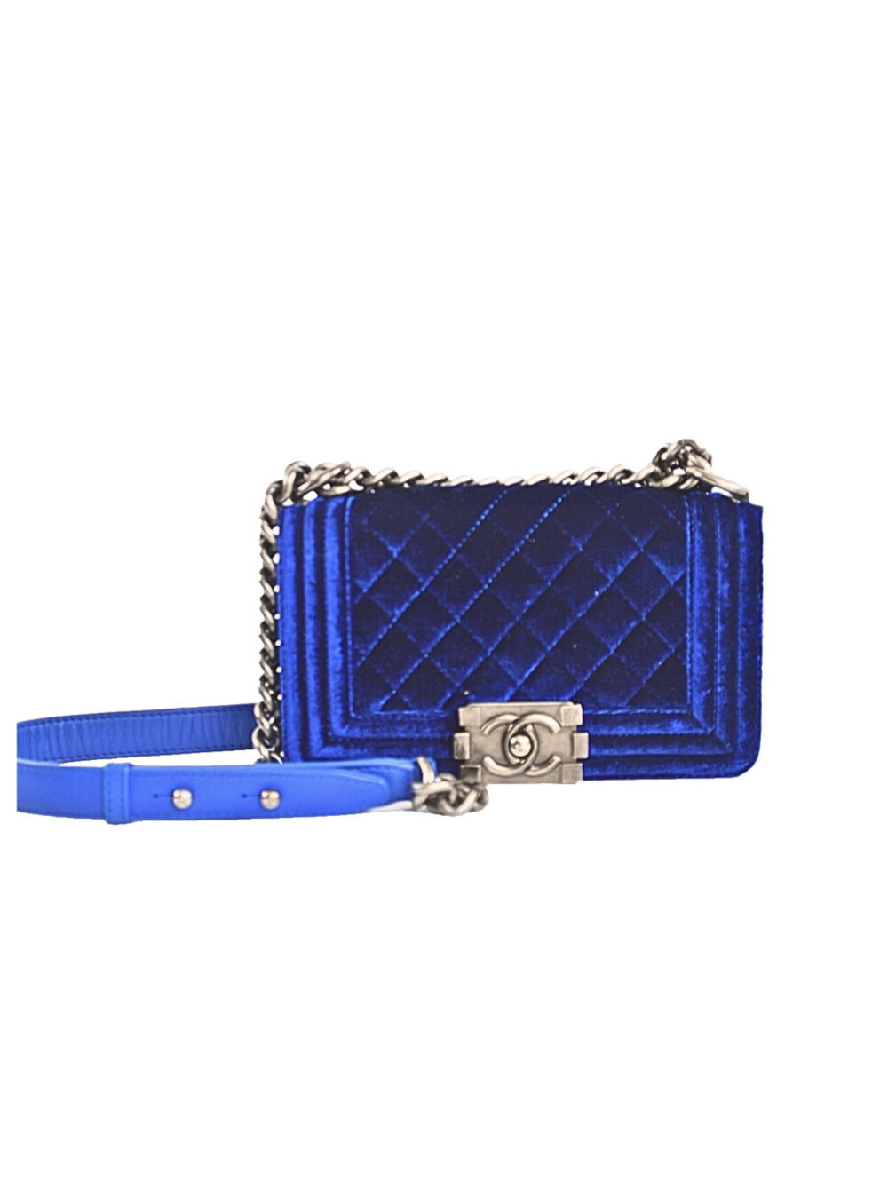 Chanel Boy 25 Flap Bag Royal Blue Velvet With Ruthenium Hardware Velor ChainAuth